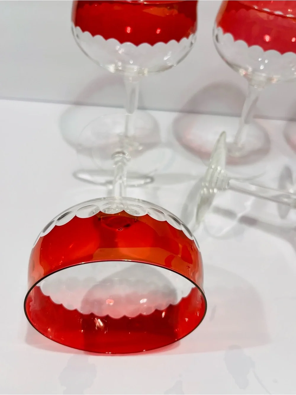 Vtg MCM Czech Thin Crystal  Cranberry & Cut Dots Set of 6 Coupe or Wine Glasses